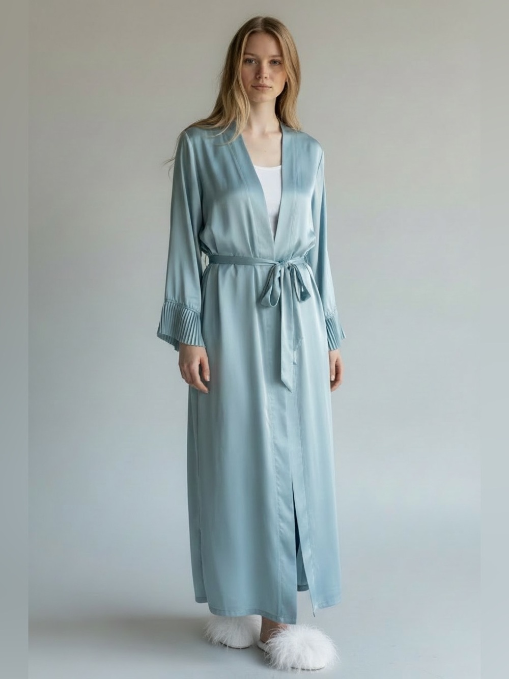 Vintage Valerie Stevens 100% Silk Robe Duster Pleated Accordion Cuff Blue - XL